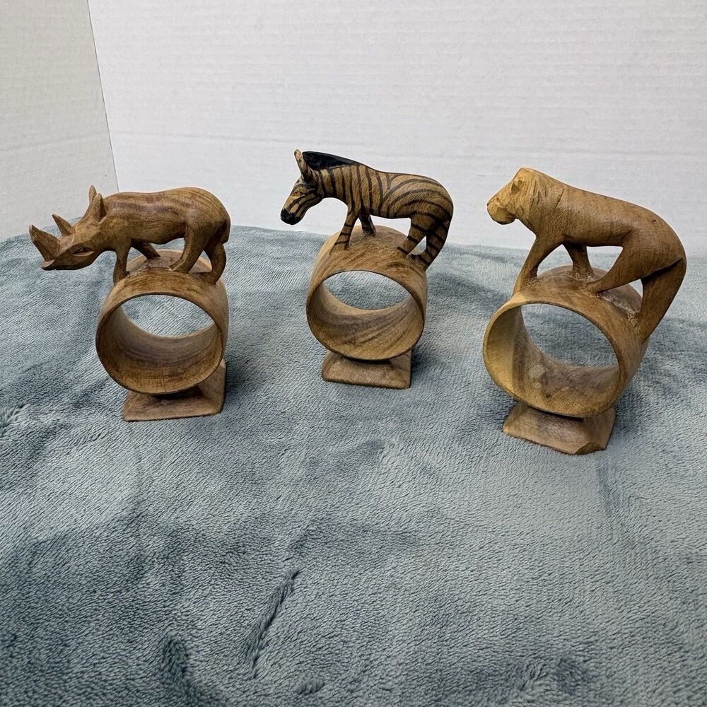 Set Of 3 African Safari Hand Carved Wooden Napkin Rings Vintage